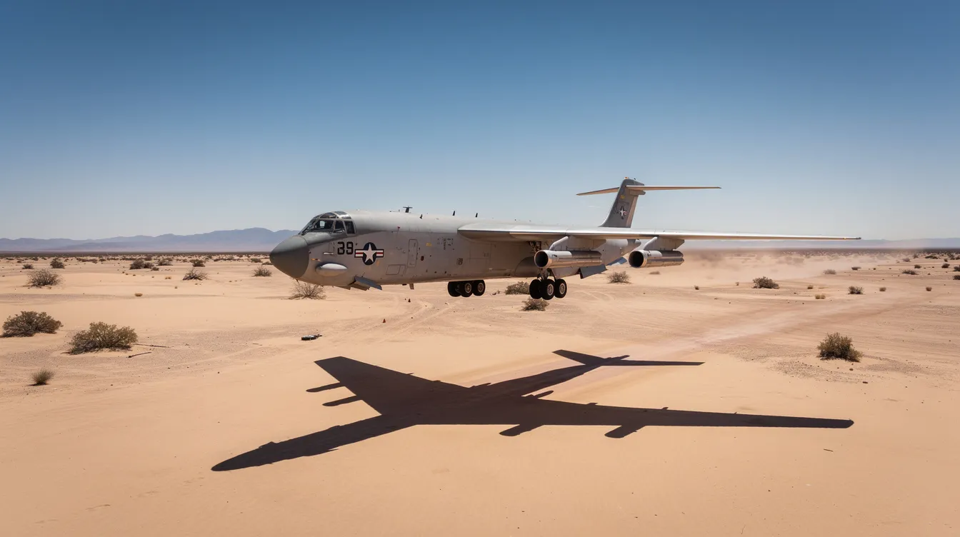 A large military bomber aircraft is soaring over a flat desert landscape, with clear skies above, showcasing its impressive design and capabilities. This powerful vehicle, reminiscent of the iconic North American X-15, is a testament to aviation history and the advancements in powered aircraft technology.