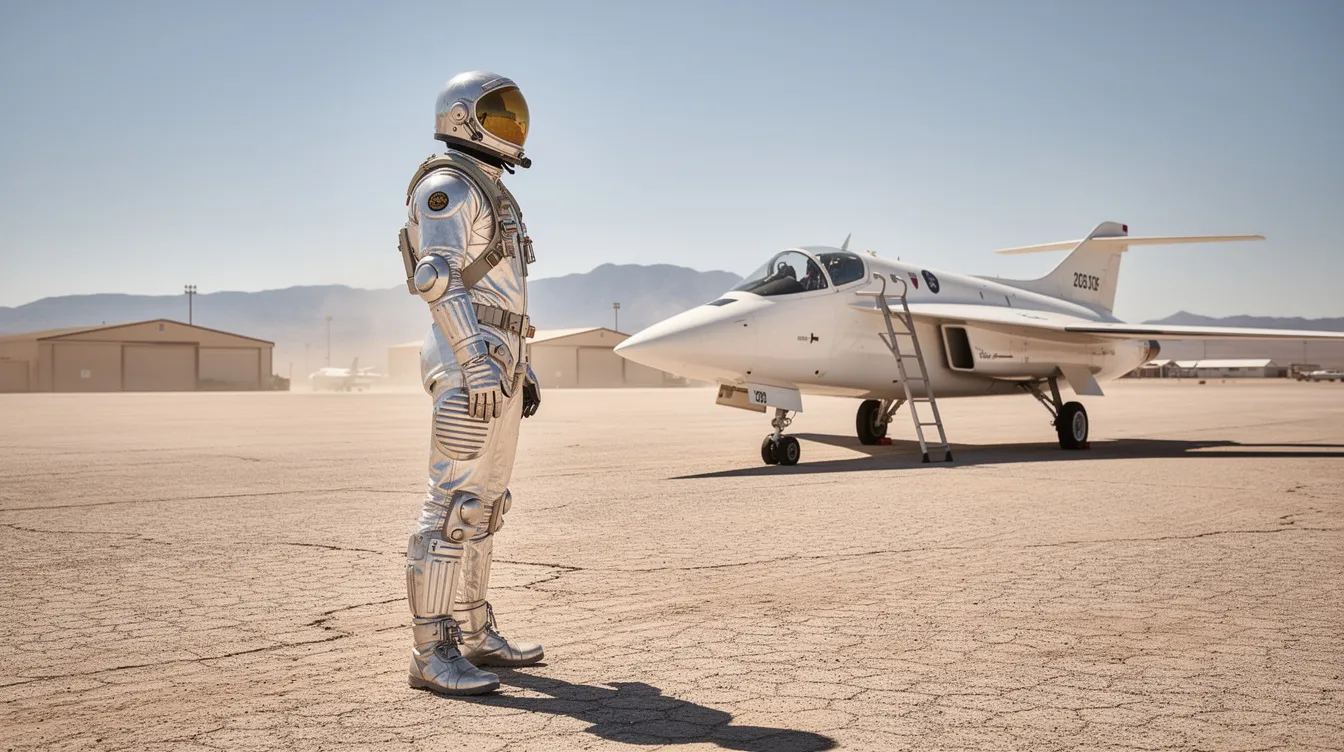 A test pilot in a silver pressure suit stands next to a rocket powered research aircraft on a desert airfield, likely at Edwards Air Force Base. The scene captures a moment in aviation history, highlighting the pilot's readiness to push the limits of hypersonic speeds and explore the boundaries of aerospace technology.