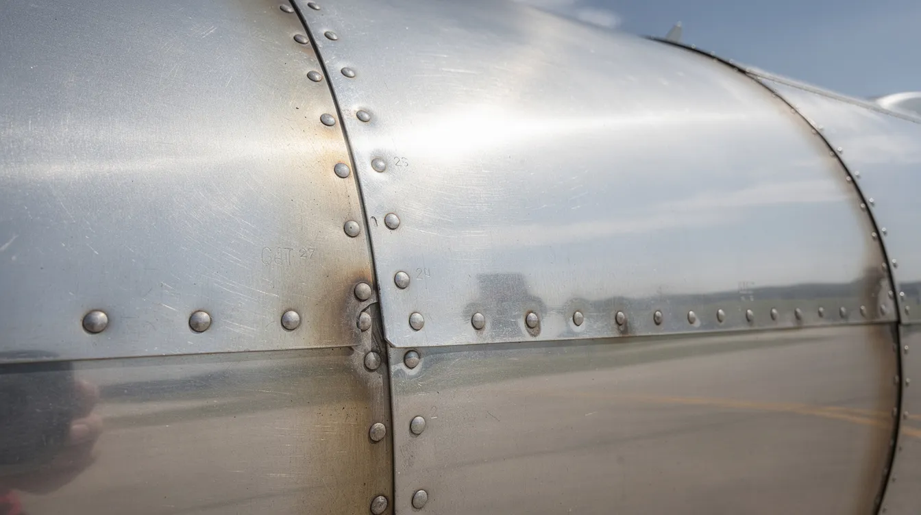 A close-up view showcases polished heat-resistant metal alloy panels riveted together on the side of a cylindrical aircraft fuselage, reminiscent of the North American X-15 rocket powered research aircraft, known for its hypersonic speeds and significant contributions to aviation history. The intricate details of the rivets and surface reflect the advanced technology used in piloted aircraft designed for maximum speed and altitude records.