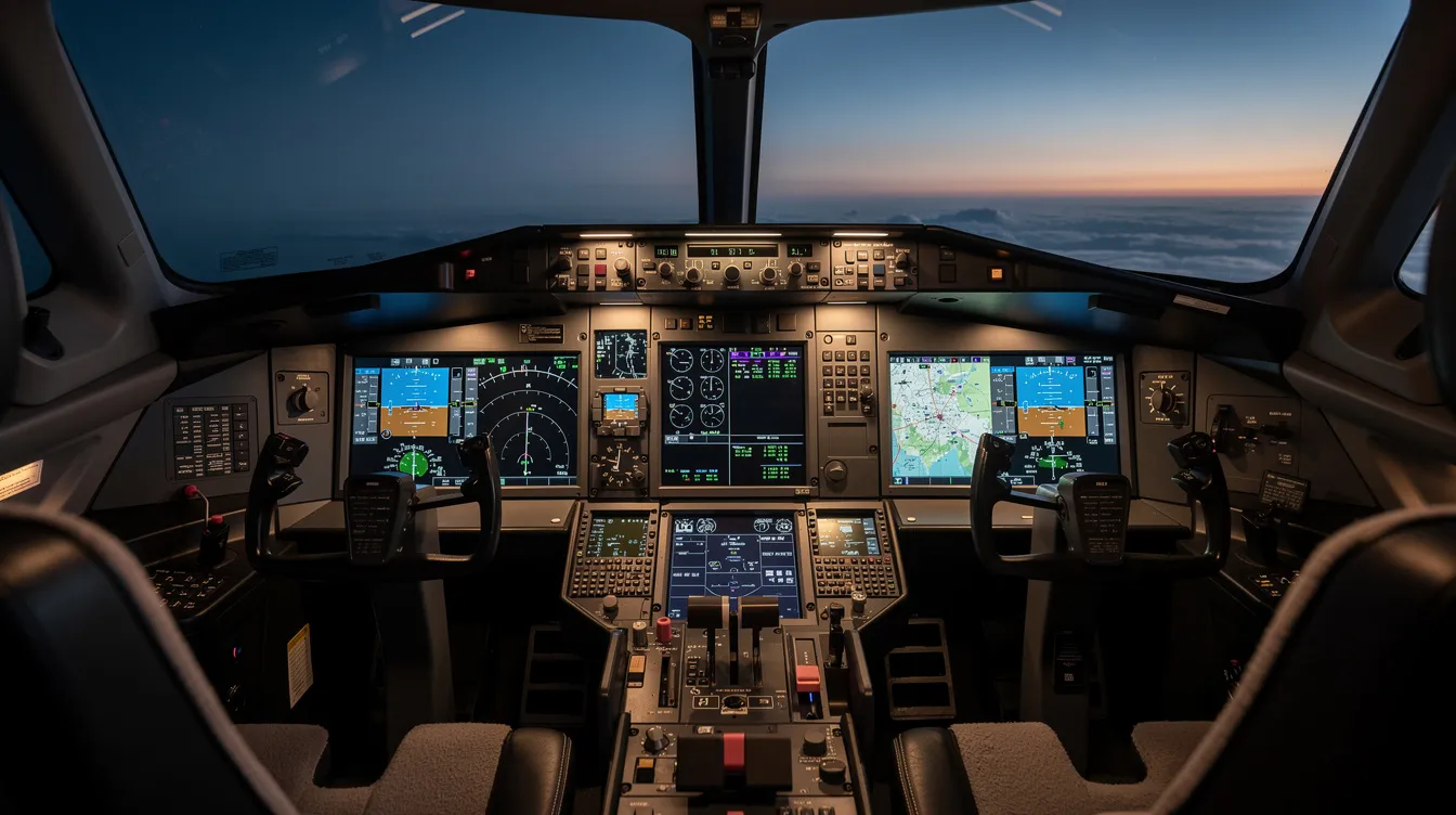 The image depicts a modern glass cockpit of a business jet, illuminated by digital flight displays as dusk settles in. Key instruments, including the airspeed indicator, are visible, showcasing essential information for takeoff speed and other critical speeds necessary for safe flight.