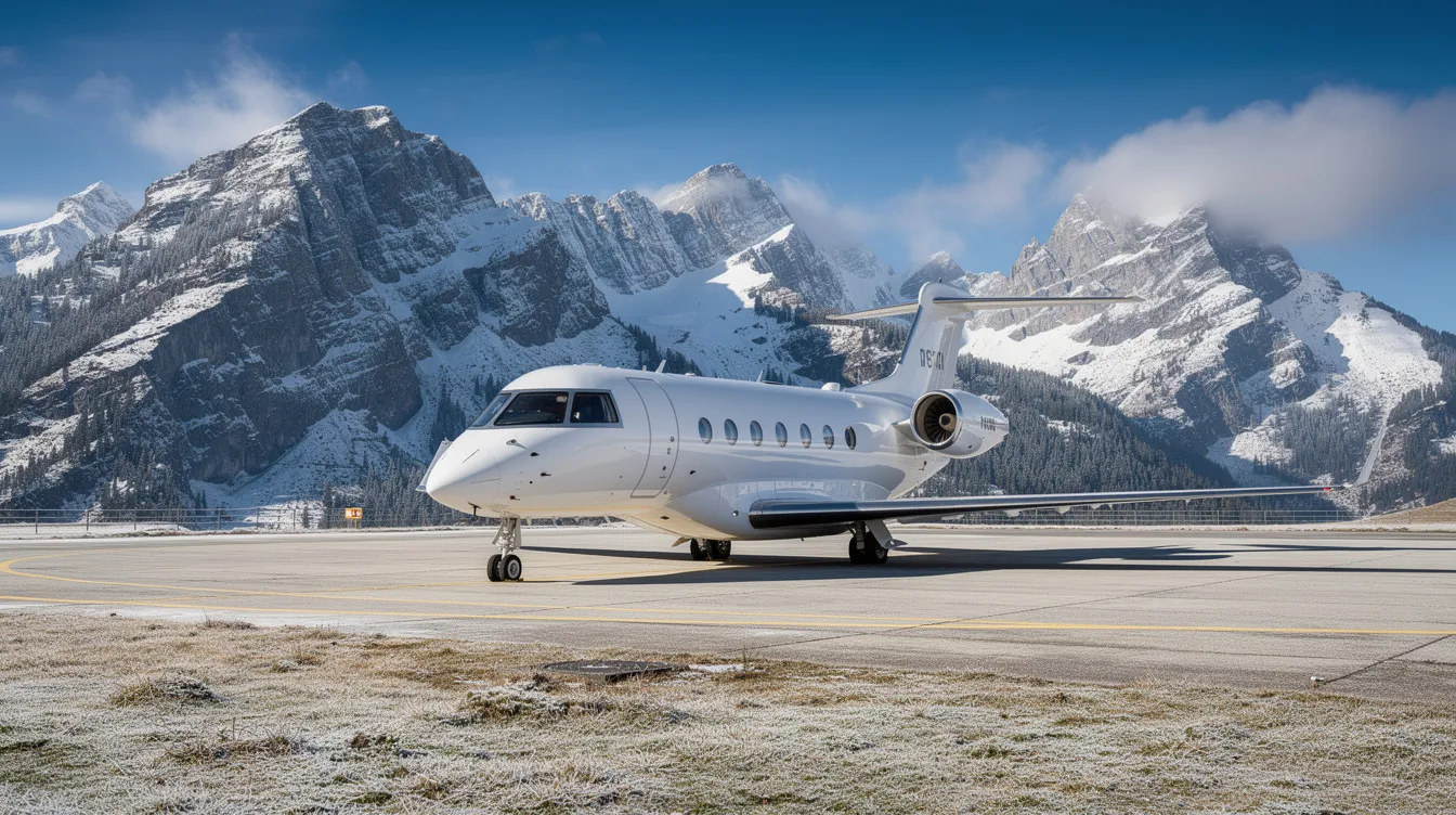 A private jet is parked on a snowy mountain airport apron, with majestic snow-capped peaks rising in the background. The scene captures the serene environment where aircraft, including commercial airliners and military jets, prepare for takeoff, emphasizing the importance of achieving the correct speed for a safe ascent.