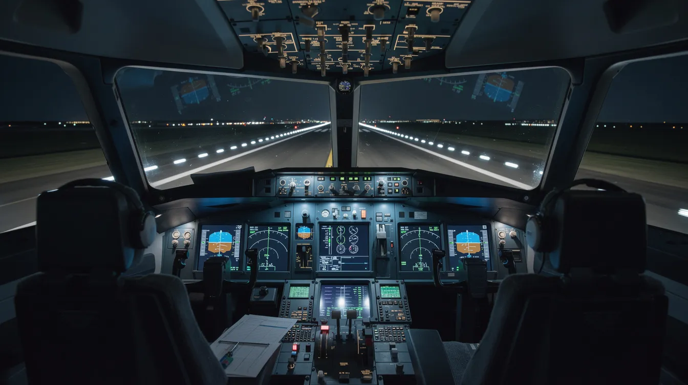 The image depicts a modern cockpit during the takeoff roll, with the runway lights stretching ahead, highlighting the critical speeds necessary for a safe lift-off. The cockpit instruments, including the airspeed indicator, are visible, indicating the aircraft's speed as it approaches takeoff speed.