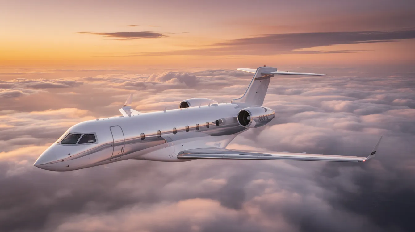 A sleek private business jet soars gracefully above a layer of clouds, illuminated by the warm hues of sunset. The aircraft showcases advanced design and engineering, reminiscent of the capabilities found in military aircraft and aerospace production.
