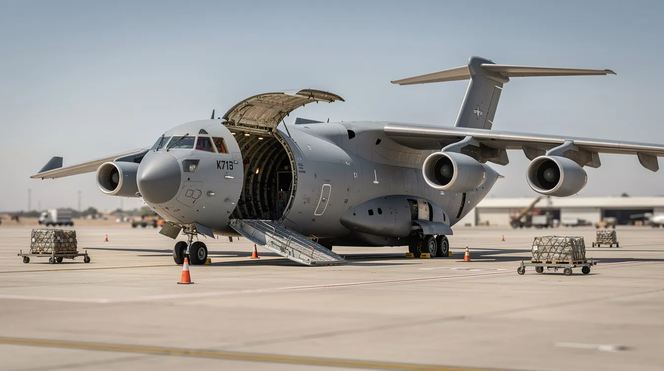 A large military transport aircraft is parked on a spacious tarmac, with its cargo ramps open, ready for loading. This military aircraft, designed for defense and logistics, showcases the capabilities of aerospace companies like Boeing in producing versatile flight solutions.