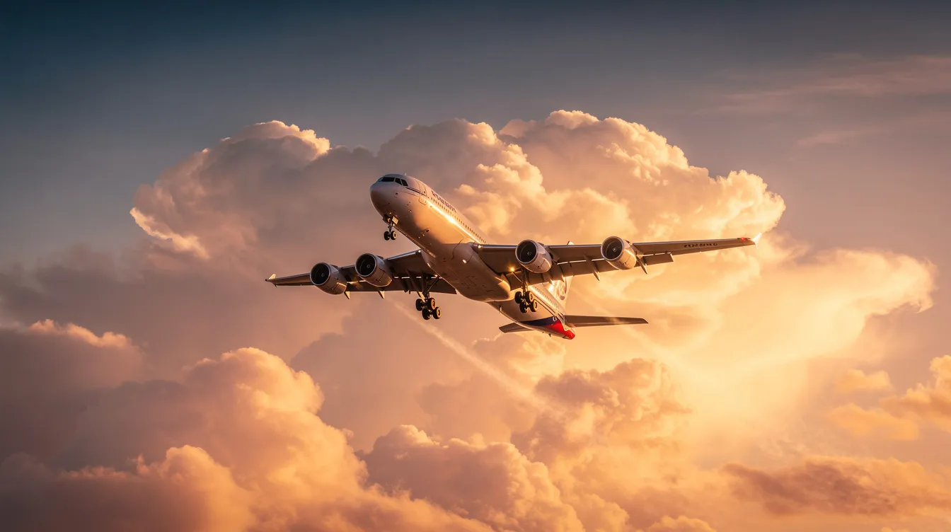 A large four-engine Boeing 747 aircraft is climbing through golden sunset clouds, showcasing its powerful engines and wide body as it ascends to cruising altitude. The image captures the majestic flight of this commercial passenger plane against a vibrant sky, evoking a sense of adventure and travel.