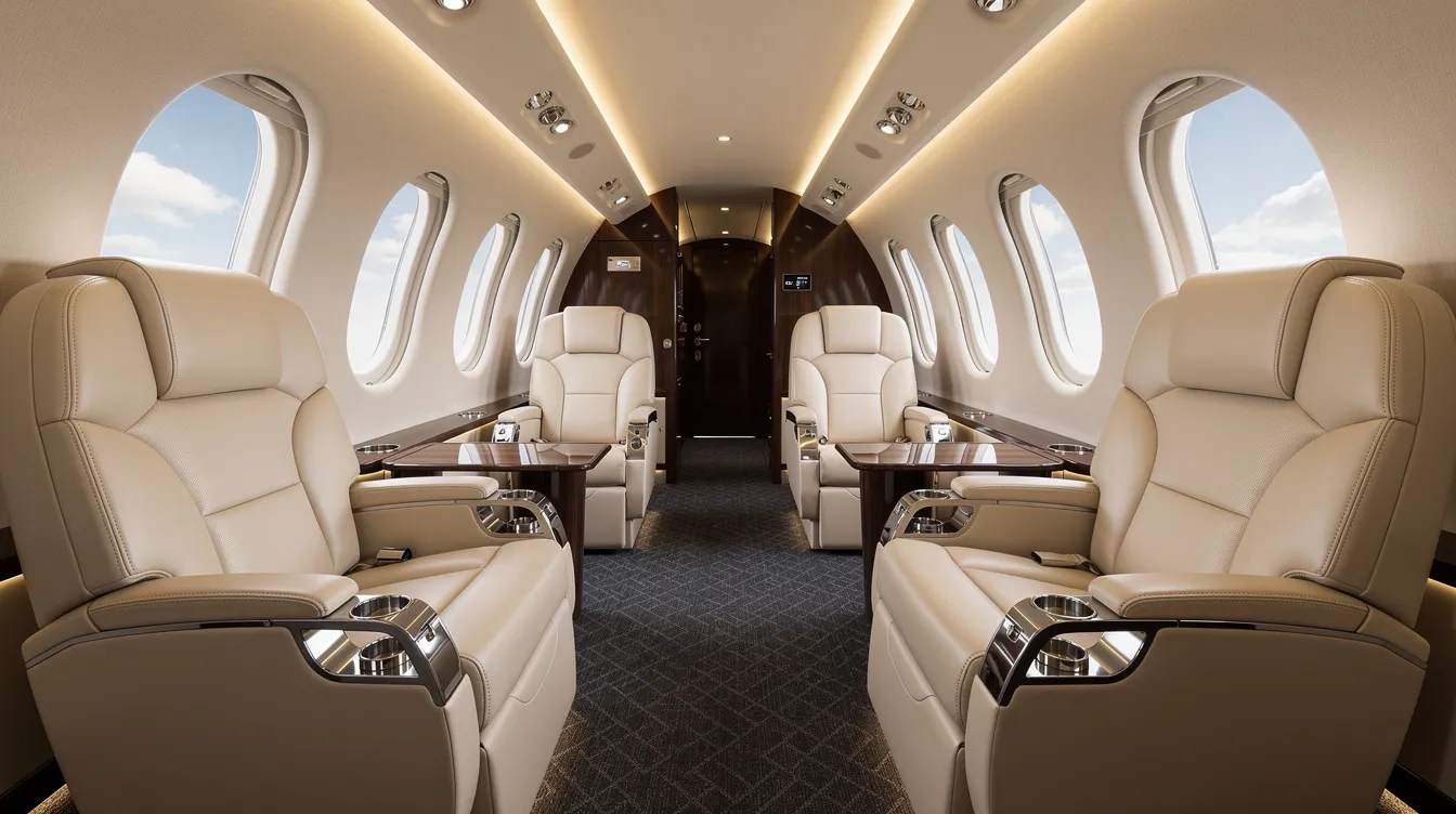 The image depicts the interior of a luxury private jet cabin featuring cream leather seats, soft ambient lighting, and large windows that allow for a panoramic view. This opulent space is designed for comfort and sophistication, ideal for those traveling at cruising altitude in style.