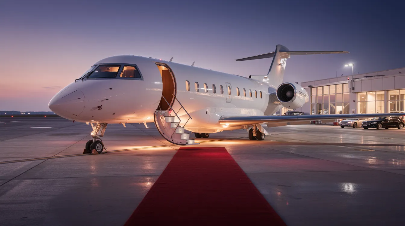 A sleek private jet is parked at a tranquil executive terminal, featuring a luxurious red carpet and open stairs, all illuminated by the soft light of dusk. The setting conveys an exclusive atmosphere, ideal for high-profile travelers departing from this serene location.