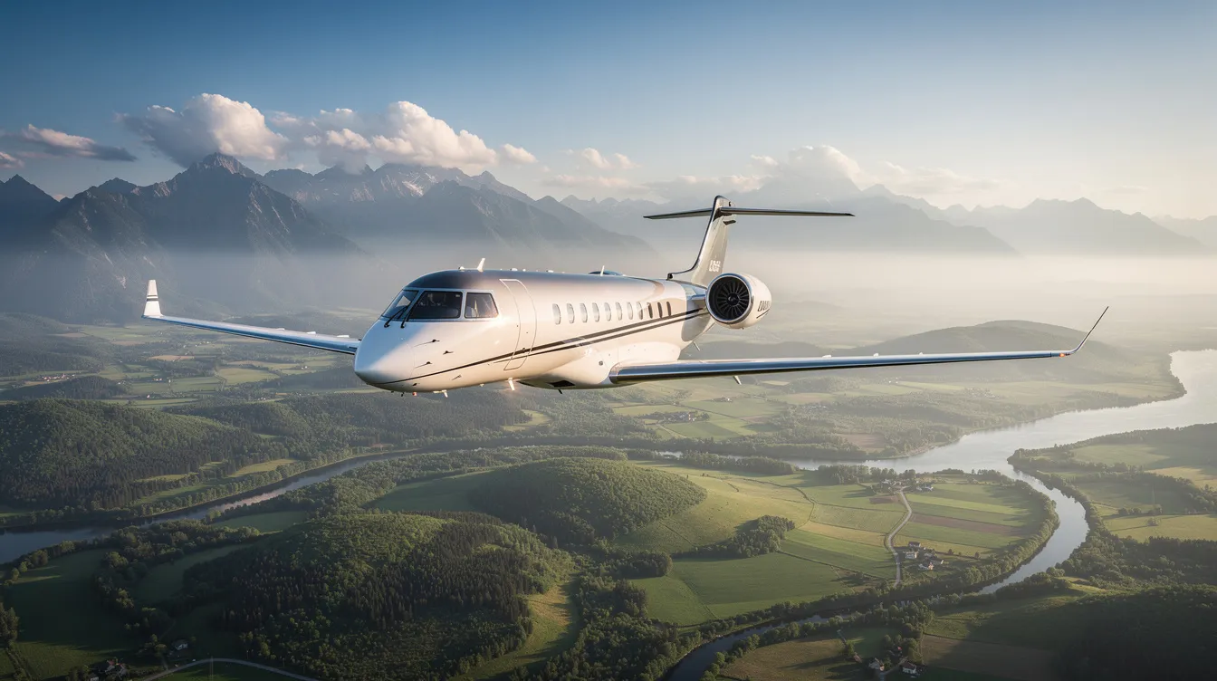 A sleek modern private jet soars through the sky above a vibrant green landscape, with majestic mountains rising in the background, showcasing the allure of private aviation and the luxury of private jet travel. This image captures the essence of flying private, highlighting the unparalleled convenience and freedom that comes with private jet charters.