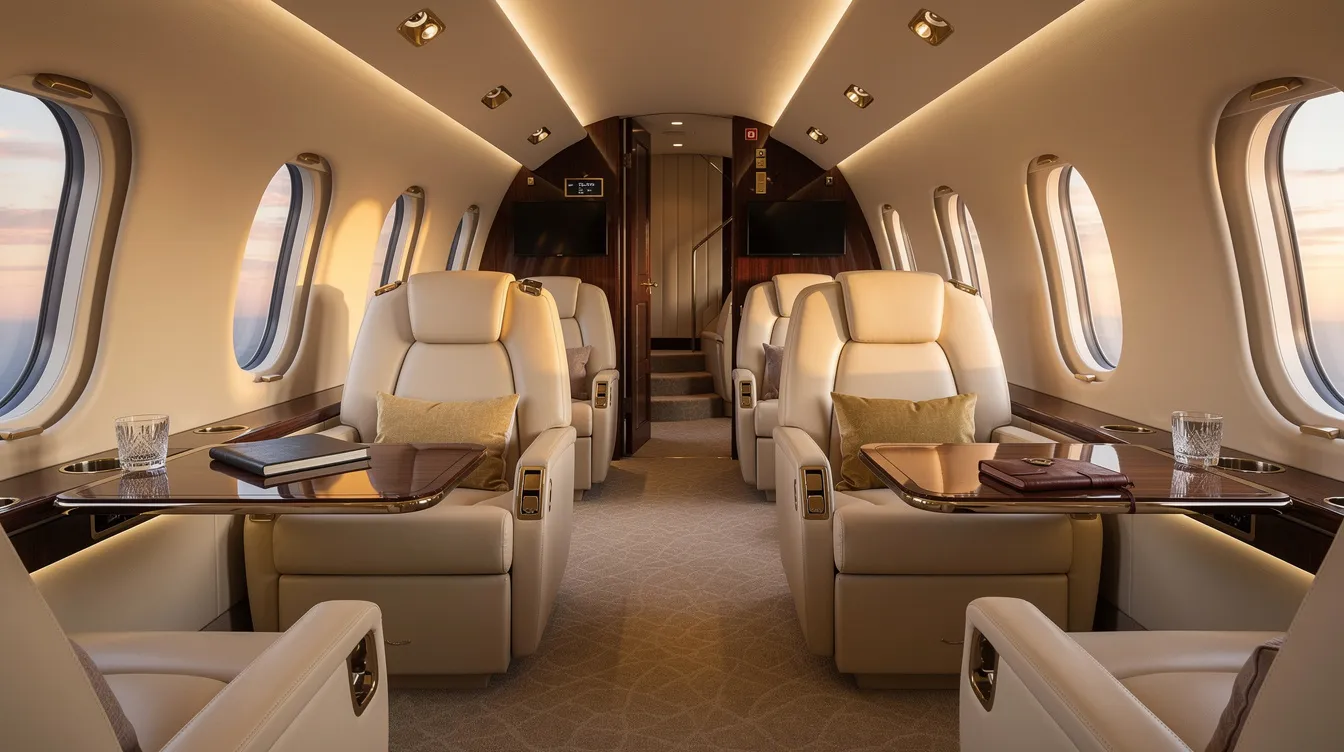 The image depicts the interior of a luxurious private jet cabin featuring cream leather seats and warm ambient lighting, showcasing the elegance and comfort associated with private aviation. This serene space is designed for travelers seeking unparalleled convenience and a premium flying experience.