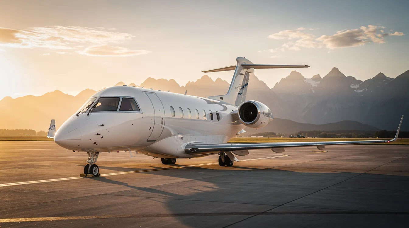A sleek private jet is parked on a tarmac during golden hour, with stunning mountains in the background, showcasing the elegance of high-tier aircraft. The scene captures the essence of luxury travel, inviting viewers to imagine flying missions in a world where planes like this are the norm.
