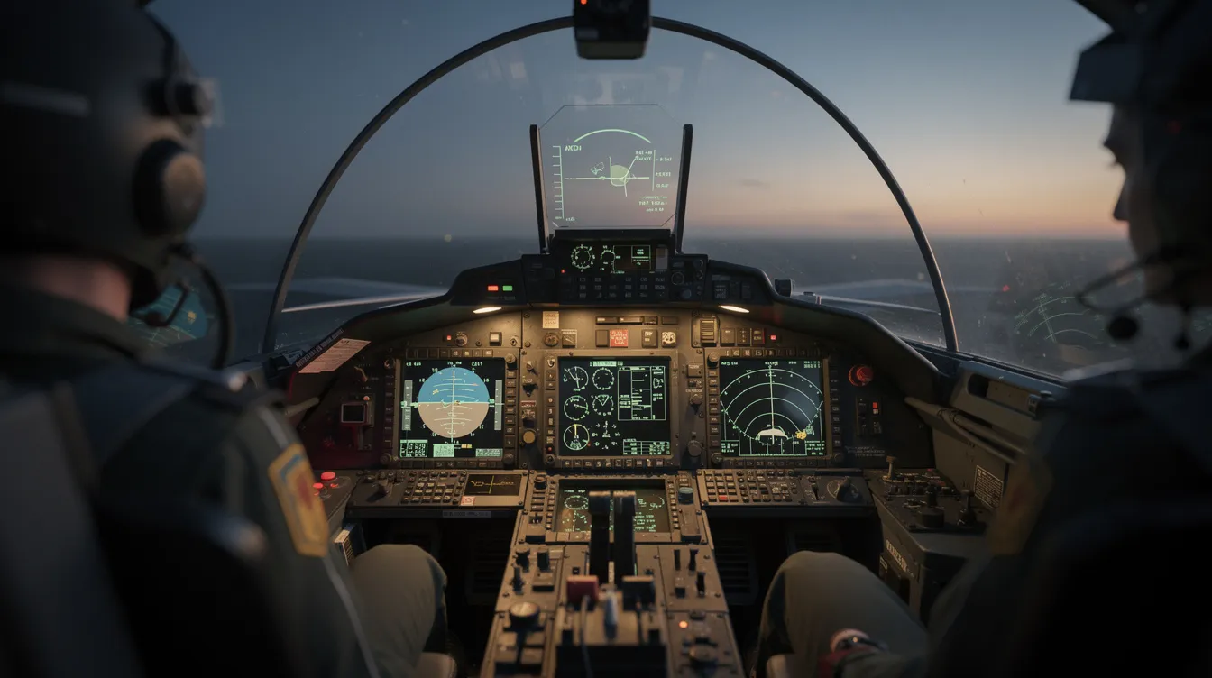 The image shows a rear cockpit view inside a two-seat military fighter jet at dusk, with glowing instrument panels illuminating the space. This cockpit view captures the essence of high-tier aircraft design, reminiscent of the gameplay in Project Wingman, where pilots engage in thrilling missions.