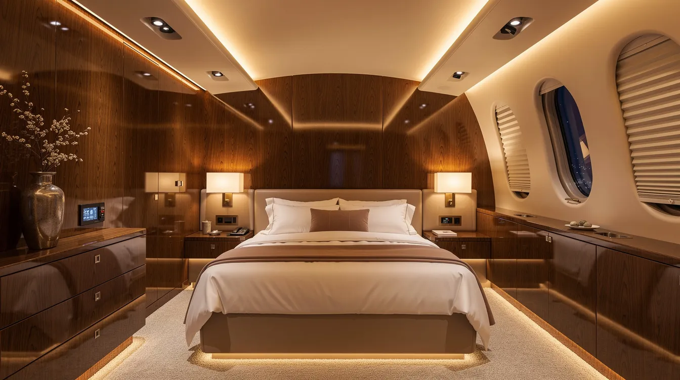 The image depicts a luxurious master bedroom inside a private jet, featuring a queen-size bed surrounded by ambient mood lighting and elegant wood-panel finishes, showcasing the opulence of Boeing business jets. The intimate space is designed for comfort and relaxation, ideal for passengers on long-range flights.