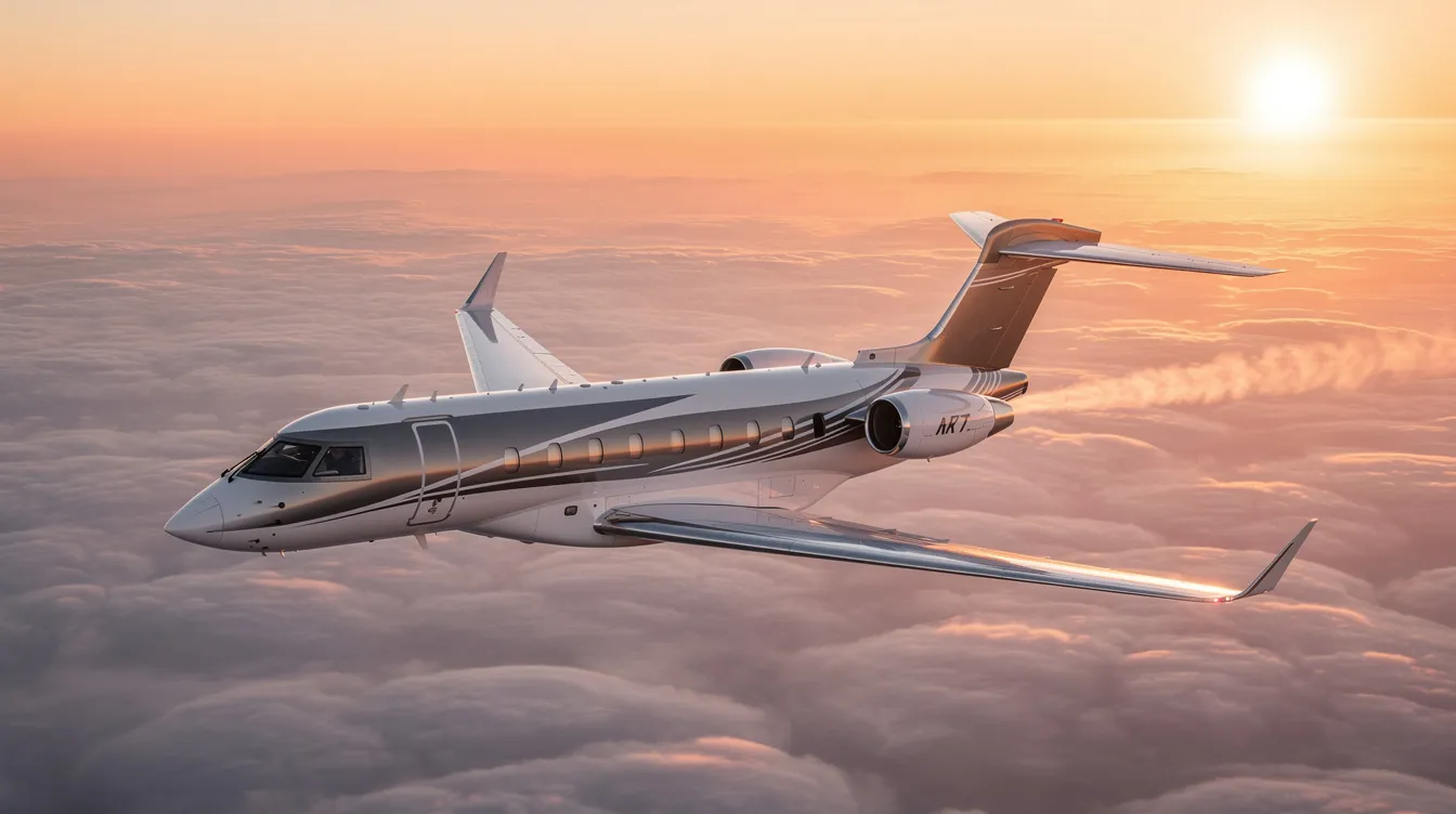 A sleek, modern large-cabin business jet soars above a soft blanket of clouds during golden hour, with the sun reflecting off its polished fuselage, showcasing the elegance and speed of contemporary aircraft. This impressive plane, part of the legacy of aviation history, embodies the advancements in flight technology and maneuverability.