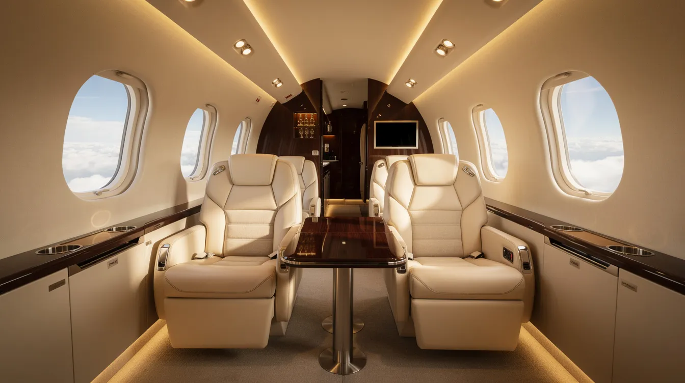 The image depicts a luxurious private jet cabin featuring cream leather seats and warm ambient lighting, with large oval windows revealing fluffy clouds outside, creating an inviting atmosphere for a comfortable flight in one of the world's fastest airplanes.