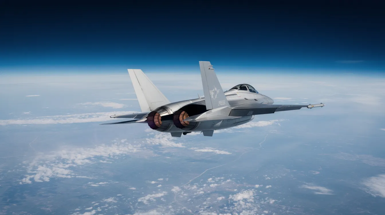 A sleek military jet aircraft is soaring at high altitude against a deep blue sky, with thin cloud layers visible far below, showcasing the impressive speed and maneuverability of one of the fastest airplanes in the world. This image captures the essence of flight and the remarkable history of aircraft development, from the Wright brothers to modern jets.