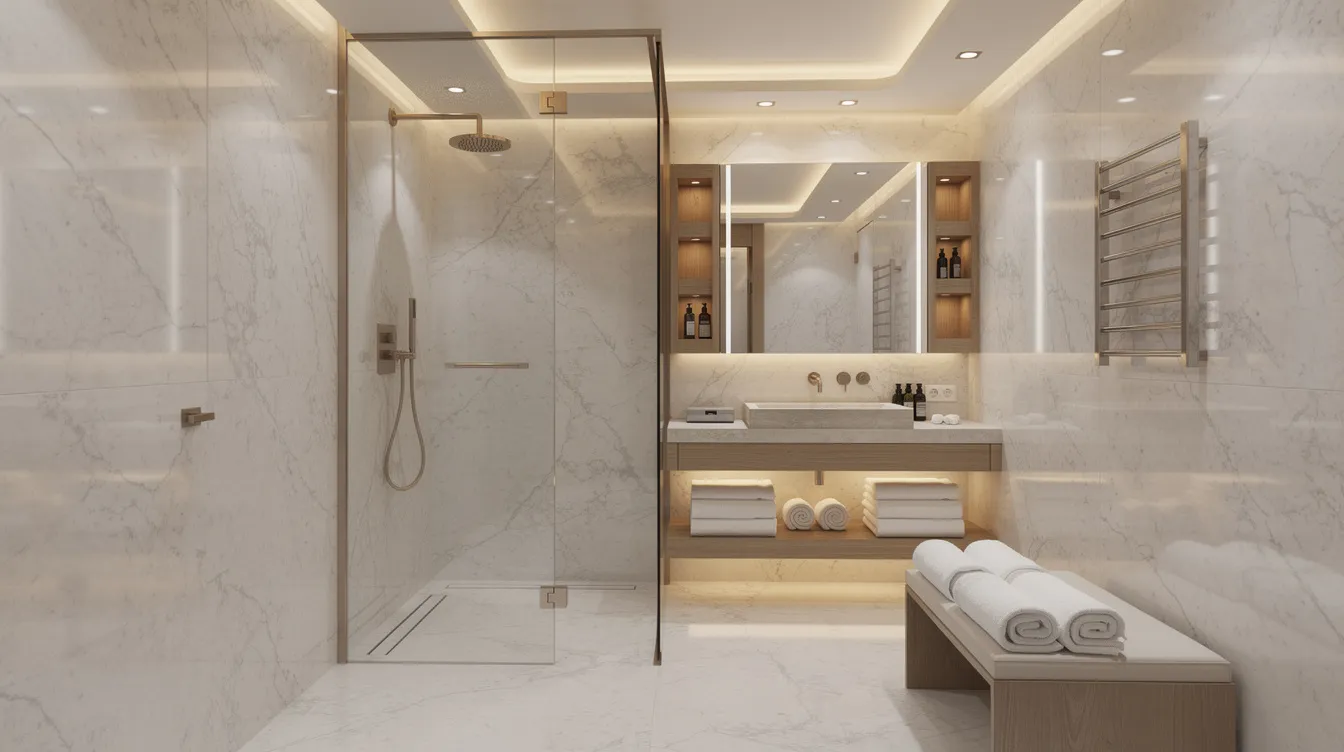 The image depicts an elegant onboard shower spa interior featuring marble-like finishes, warm lighting, and neatly folded towels, showcasing the luxurious amenities available in first class cabins. This serene space highlights the exceptional experience offered to first class passengers on premium airlines.