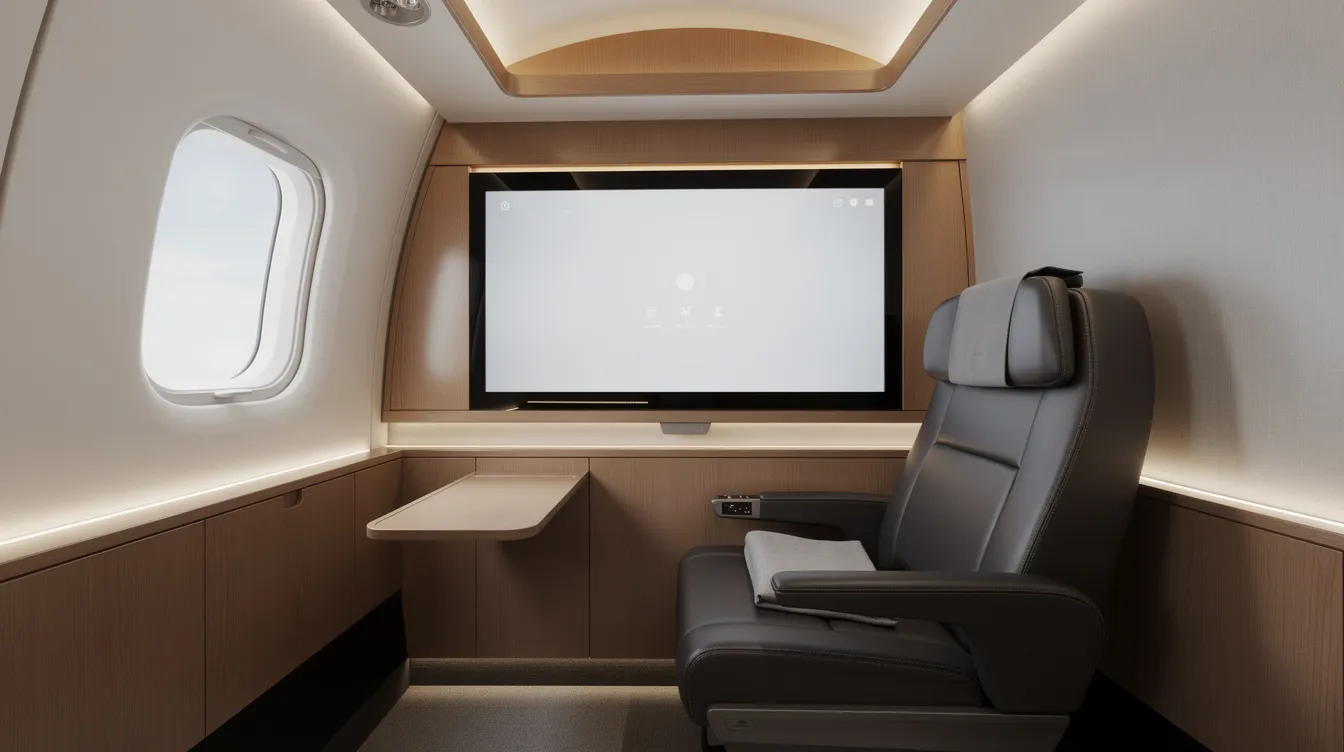 The image showcases a luxurious first class suite interior of a Japanese-designed aircraft, featuring a massive entertainment screen, warm wood accents, and soft ambient lighting, creating a serene atmosphere for first class passengers. This premium cabin design emphasizes comfort and privacy, ideal for long-haul flights.