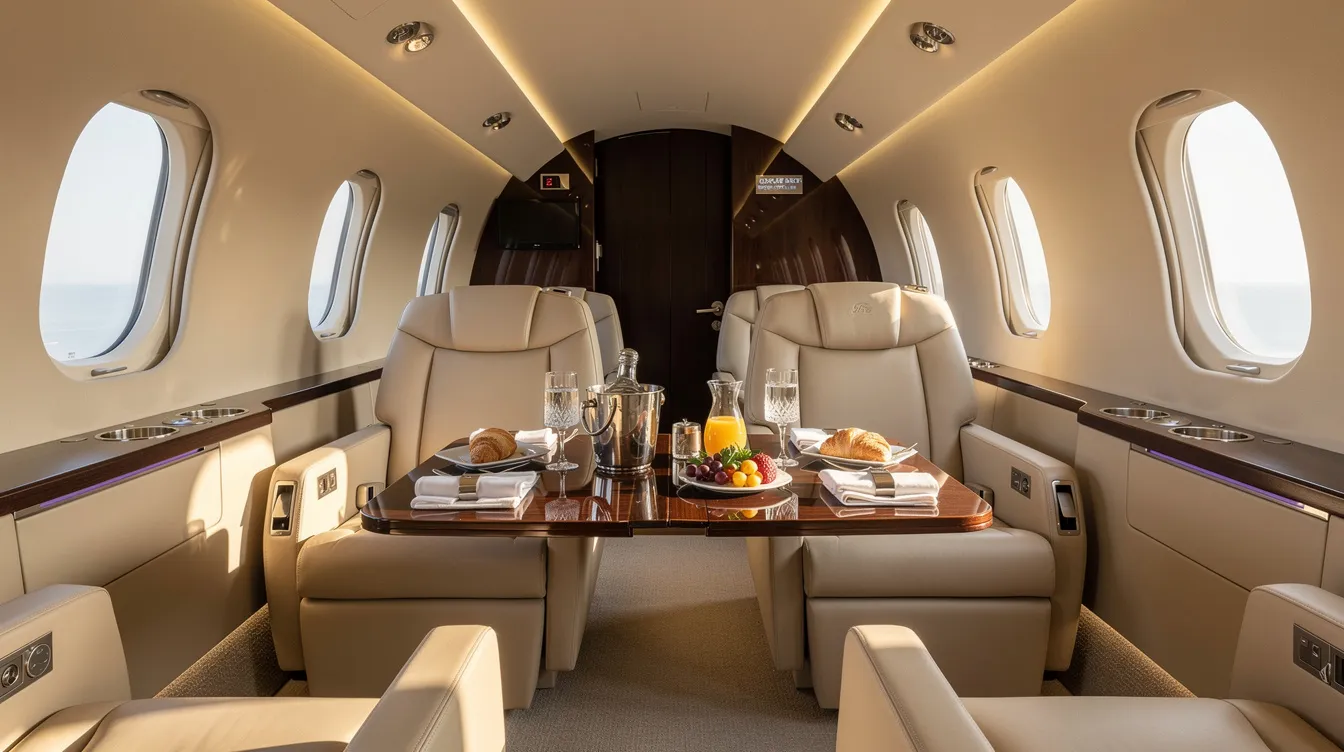 The image depicts a luxurious modern private jet interior featuring cream leather seats, bathed in natural sunlight from large windows, and a polished wood table elegantly set with refreshments, highlighting the comfort and style reminiscent of a first class cabin experience. This serene environment is designed for first class passengers who appreciate excellent service and a premium travel experience.