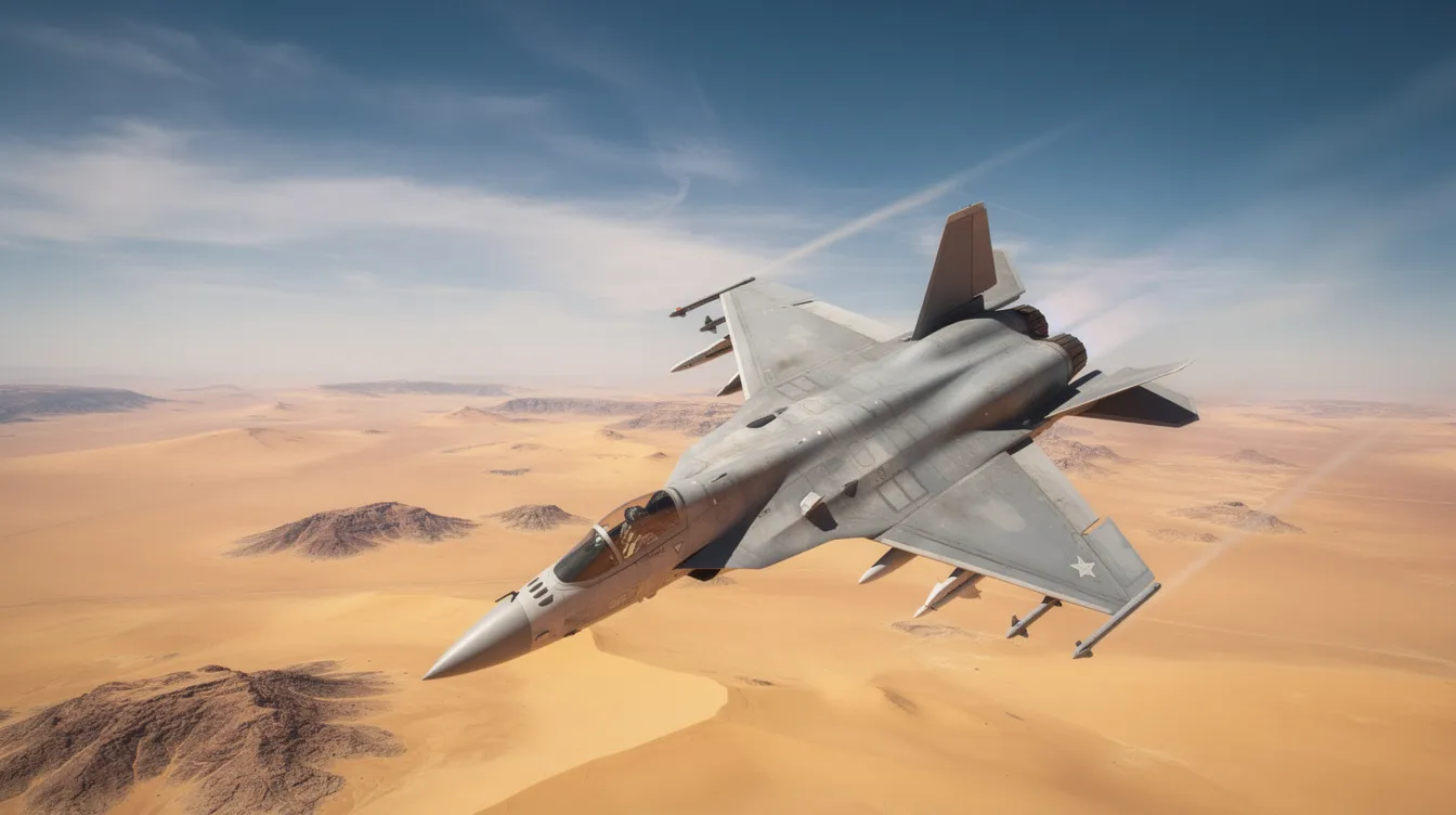 A fourth-generation fighter jet, representing the capabilities of the United States Air Force, is banking sharply during a training exercise above a vast desert landscape. The aircraft showcases its air superiority and precision strike abilities, emphasizing its role in modern military operations.