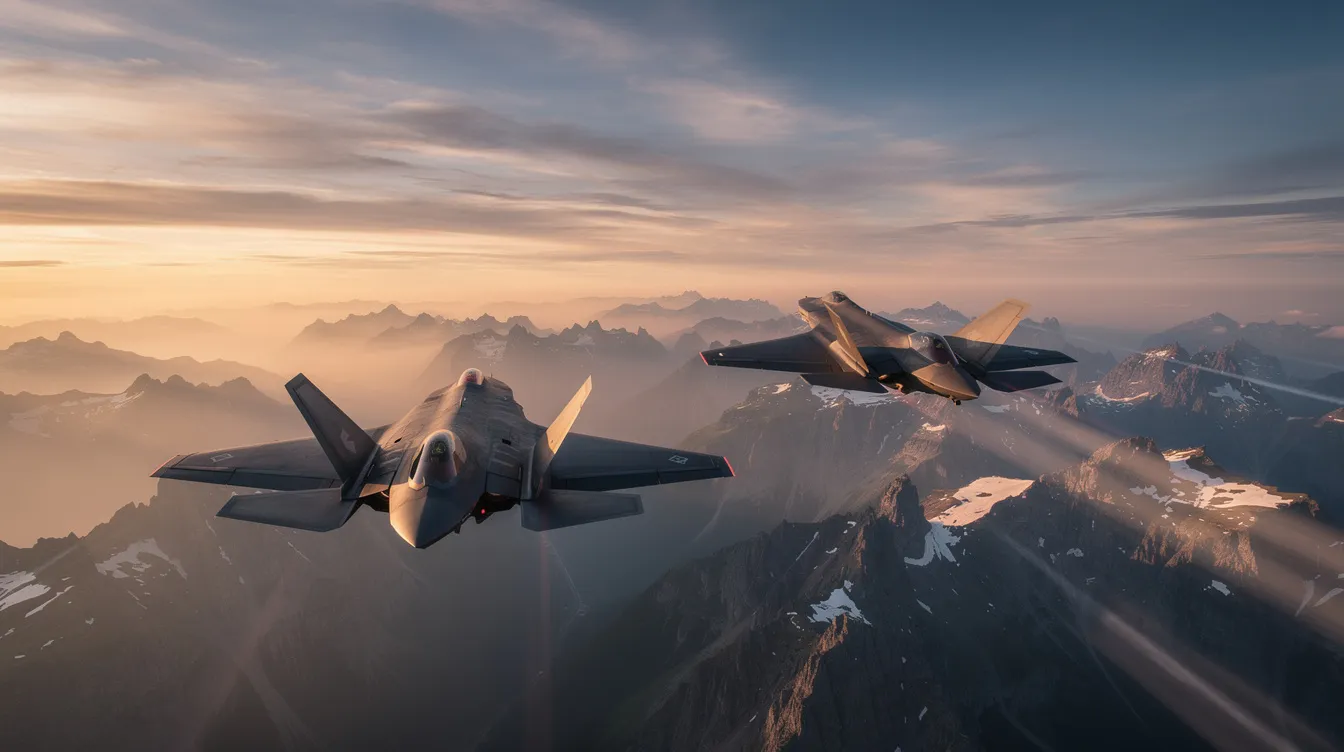 Two stealth fighter jets from the United States Air Force are flying in formation over rugged mountainous terrain during a vibrant sunset, showcasing their sleek design and air superiority capabilities. The scene captures the essence of military aviation and the operational history of fighter aircraft in combat missions.