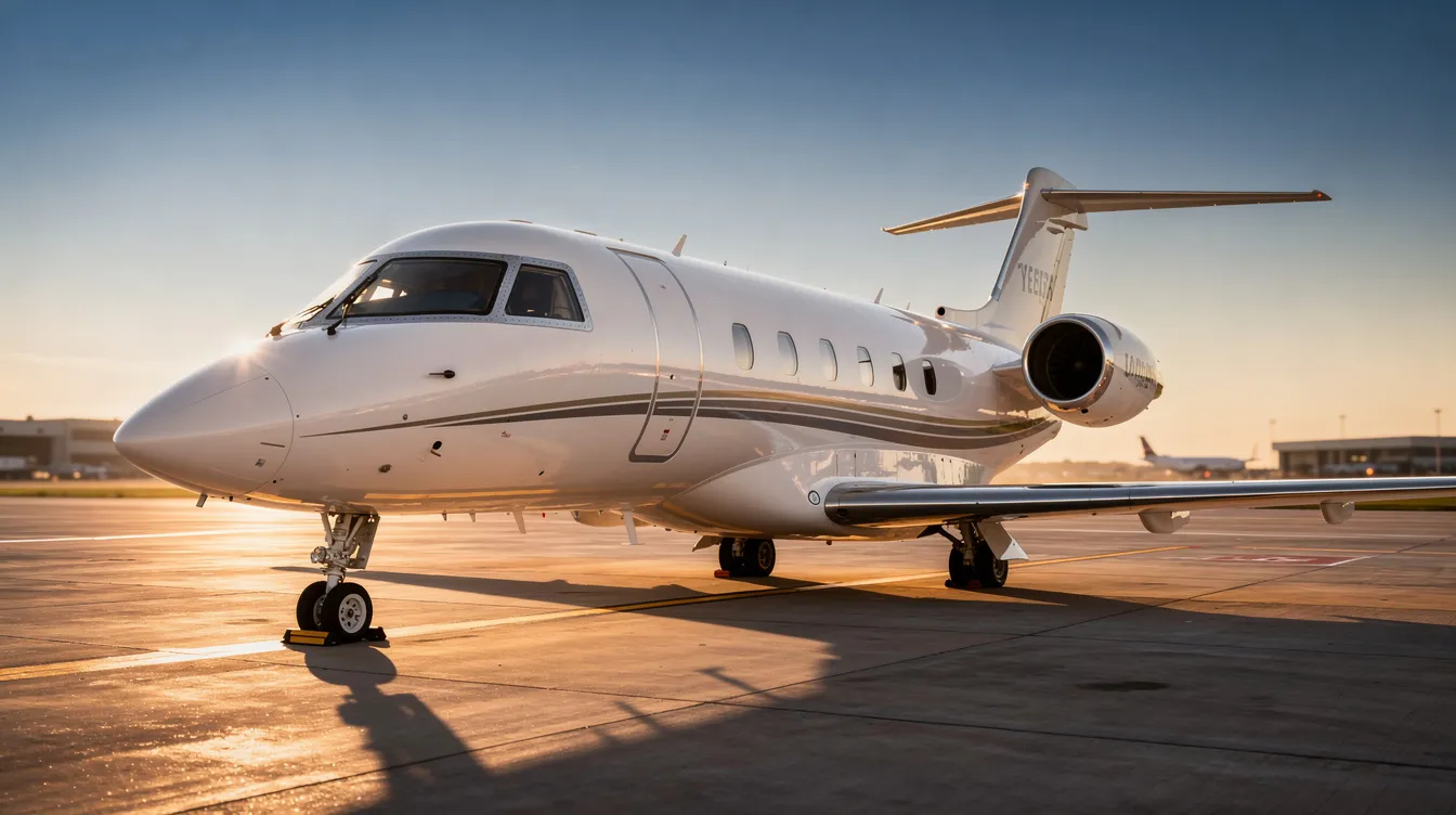 A sleek private jet is parked on a tarmac during golden hour, with a clear sky in the background, showcasing its elegant design and modern features. This aircraft represents the pinnacle of commercial aviation, standing out against the warm hues of the sunset.