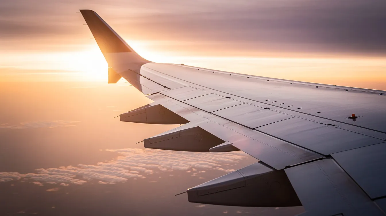 A close-up view of a Boeing 747-8 wing showcases its distinctive raked wingtips against a vibrant sunset sky, highlighting the innovative design of the largest commercial aircraft built during its flight test program. The image captures the sleek lines and technical specifications that contribute to the aircraft's fuel efficiency and performance.
