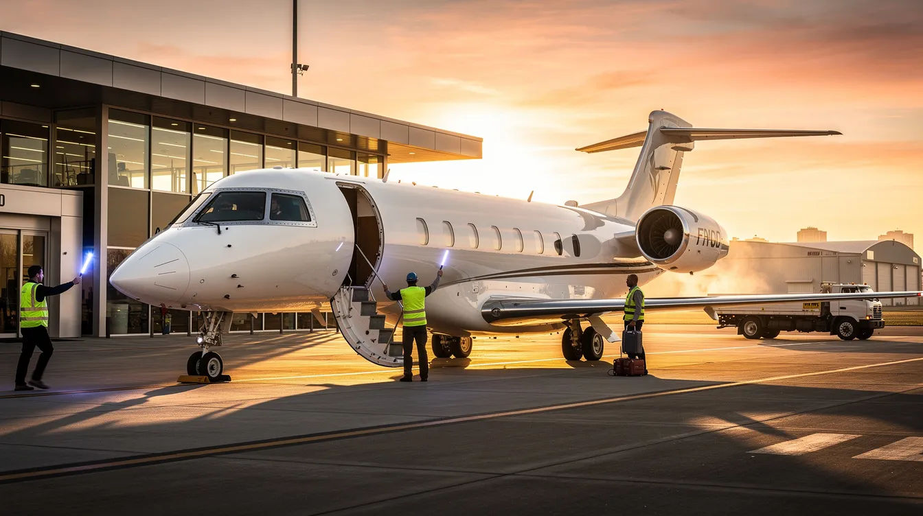A sleek private jet is parked at an FBO terminal during the golden hour, with ground crew preparing for departure. The scene captures the essence of luxury air travel, highlighting the efficiency and elegance of modern passenger aircraft.