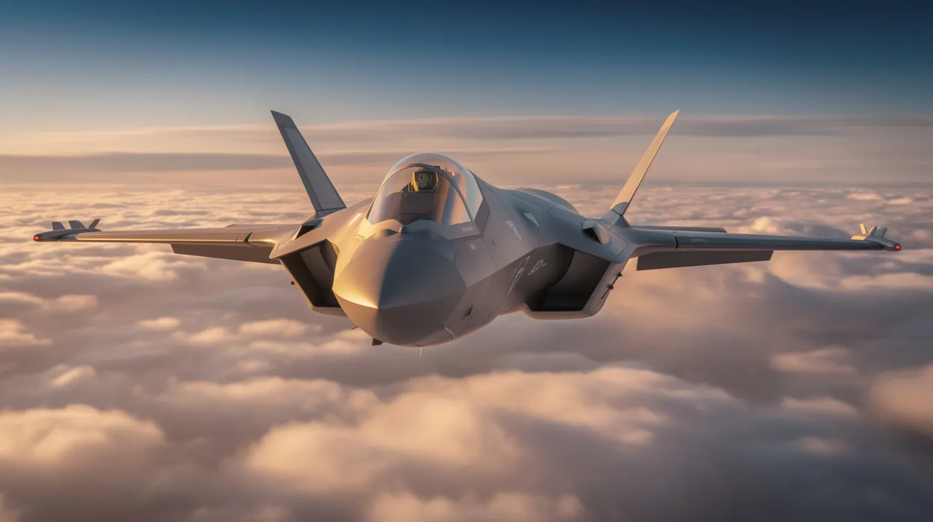 A modern fifth-generation stealth fighter jet, such as the F-35, soars above a sea of clouds during sunset, showcasing its sleek design and advanced technology. This true multirole fighter jet is heavily armed for air-to-air combat, emphasizing its role in air superiority and combat operations for the U.S. Air Force and allied nations.