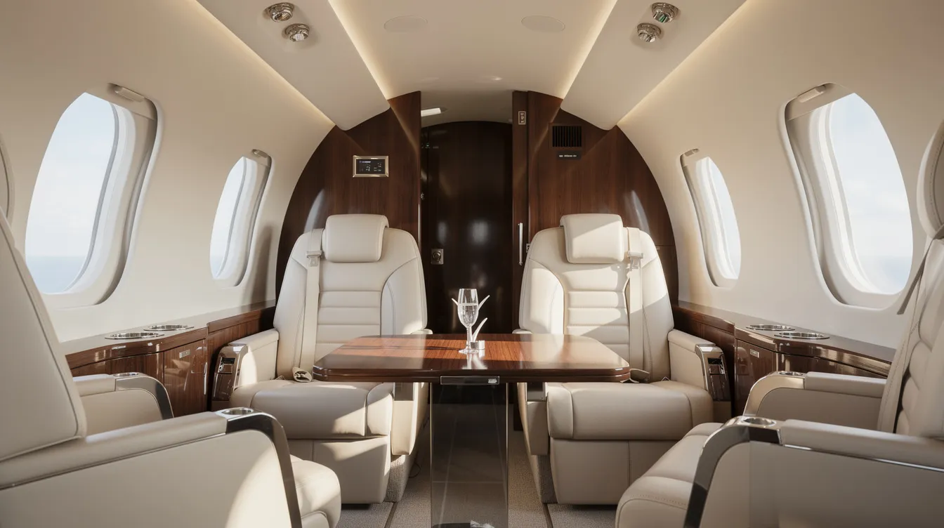 The image depicts a luxurious private jet interior featuring cream leather seats and abundant natural light filtering through oval windows, creating a spacious and elegant atmosphere. This high-end aircraft design contrasts with the rugged features of military jets, emphasizing comfort and sophistication in private air travel.