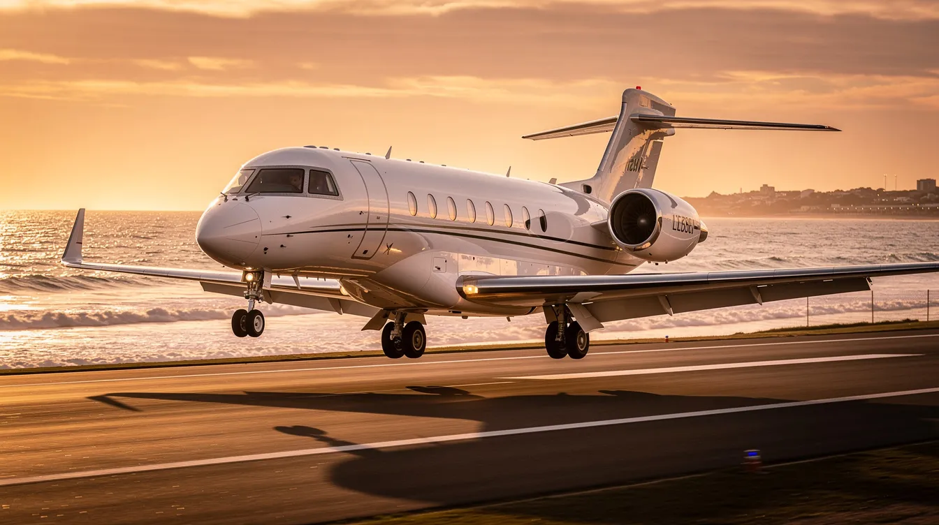 A sleek private jet is landing at a coastal airport during golden hour, with the shimmering ocean in the background. The scene captures the elegance of the aircraft as it approaches the runway, highlighting its design against the vibrant sunset sky.