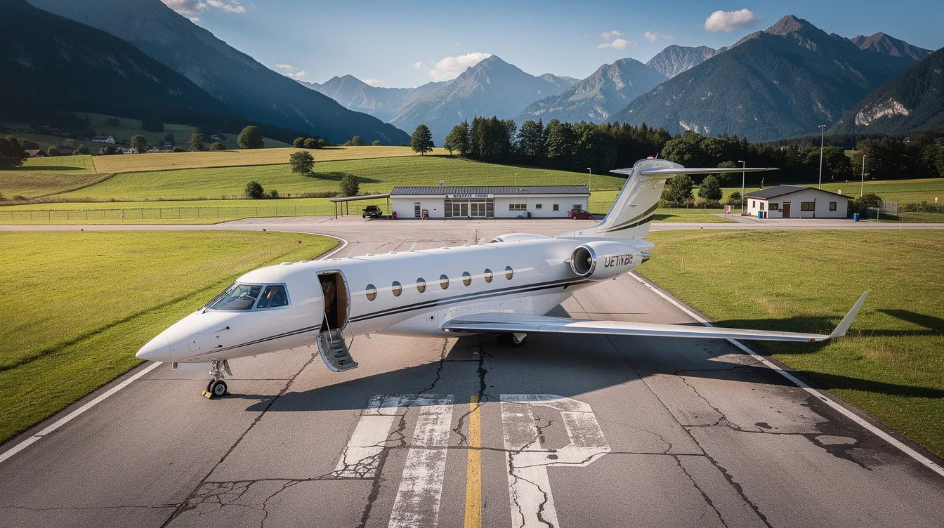 A sleek private aircraft is parked on a small regional airfield, surrounded by majestic mountains and lush green landscapes. The scene captures the essence of flight with the jet's modern design, highlighting its capacity for passengers and cargo, reminiscent of popular models like the Boeing 737.