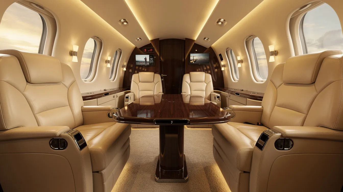 The image depicts the interior of a luxurious private jet cabin featuring plush leather seats, ambient warm lighting, and a sleek polished wood table, designed for comfort and elegance during flight. This opulent setting showcases the premium features often found in high-end aircraft configurations, catering to passengers seeking an exceptional travel experience.