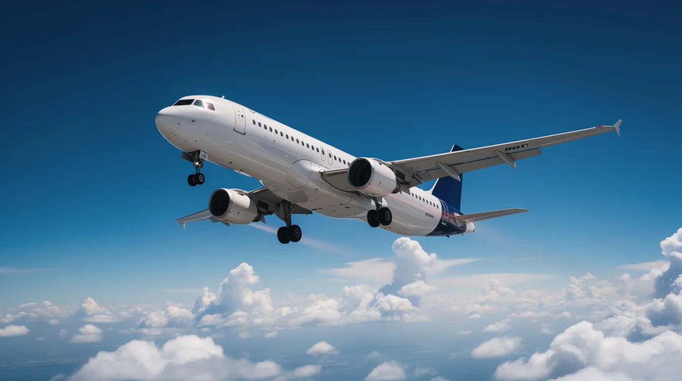 A modern narrow-body commercial jet, resembling a Boeing 737, is climbing through a clear blue sky dotted with scattered clouds. This aircraft, featuring various configurations and capacities for passengers and cargo, showcases its impressive flight capabilities during takeoff.