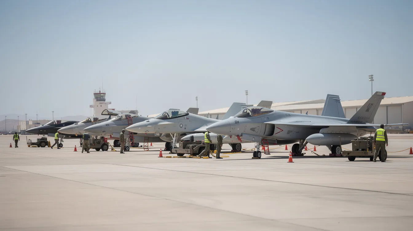 A row of diverse military fighter jets, including advanced models like the F-35 Lightning II and Eurofighter Typhoon, are parked on a military airfield, with ground crew members walking between them under a clear blue sky. This scene showcases the air superiority capabilities of modern jets, emphasizing their role in air combat and military operations.