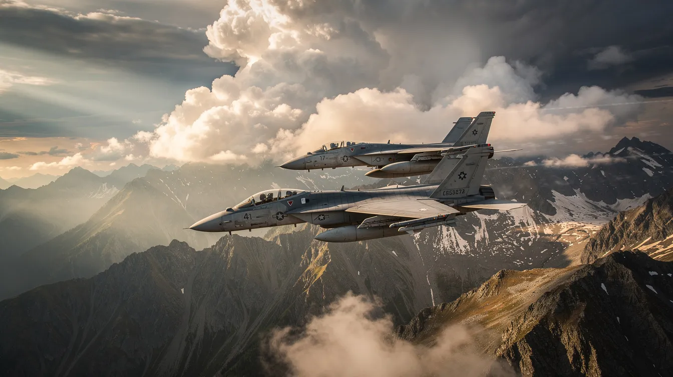 Two military fighter jets, possibly F-35 Lightning II and Eurofighter Typhoon, fly in tight formation over rugged mountainous terrain, surrounded by dramatic cloud formations, showcasing their advanced stealth technology and air superiority capabilities. These powerful jets represent the pinnacle of modern air combat, emphasizing their role in maintaining air force dominance.