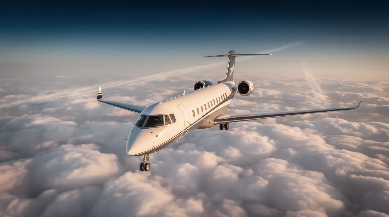A sleek private business jet glides gracefully above a sea of fluffy white clouds at high altitude, showcasing the elegance of civilian aircraft in contrast to military fighter jets. The sunlight reflects off its polished surface, highlighting the advanced technology and design of modern private aviation.