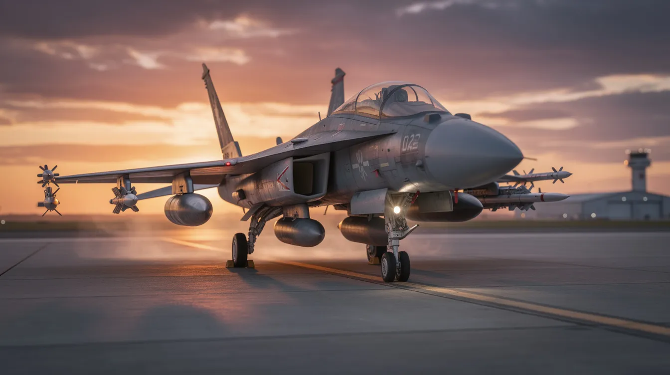 A heavily armed fighter jet, equipped with long-range missiles, is positioned on a runway during a vibrant sunset, showcasing its advanced stealth design and military capabilities. This scene highlights the aircraft's role in ensuring air superiority and its potential for air combat missions.