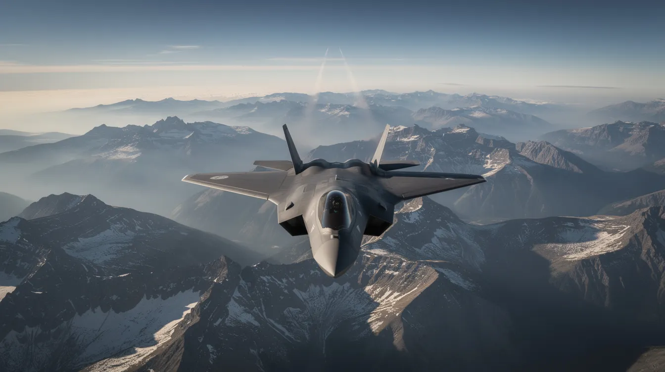 A modern stealth fighter jet, showcasing advanced stealth technology and superior air combat capabilities, soars over rugged mountainous terrain at high altitude, emphasizing its role as one of the most advanced fighters in the air force. The aircraft's sleek design minimizes radar visibility, highlighting its strategic importance in achieving air dominance.