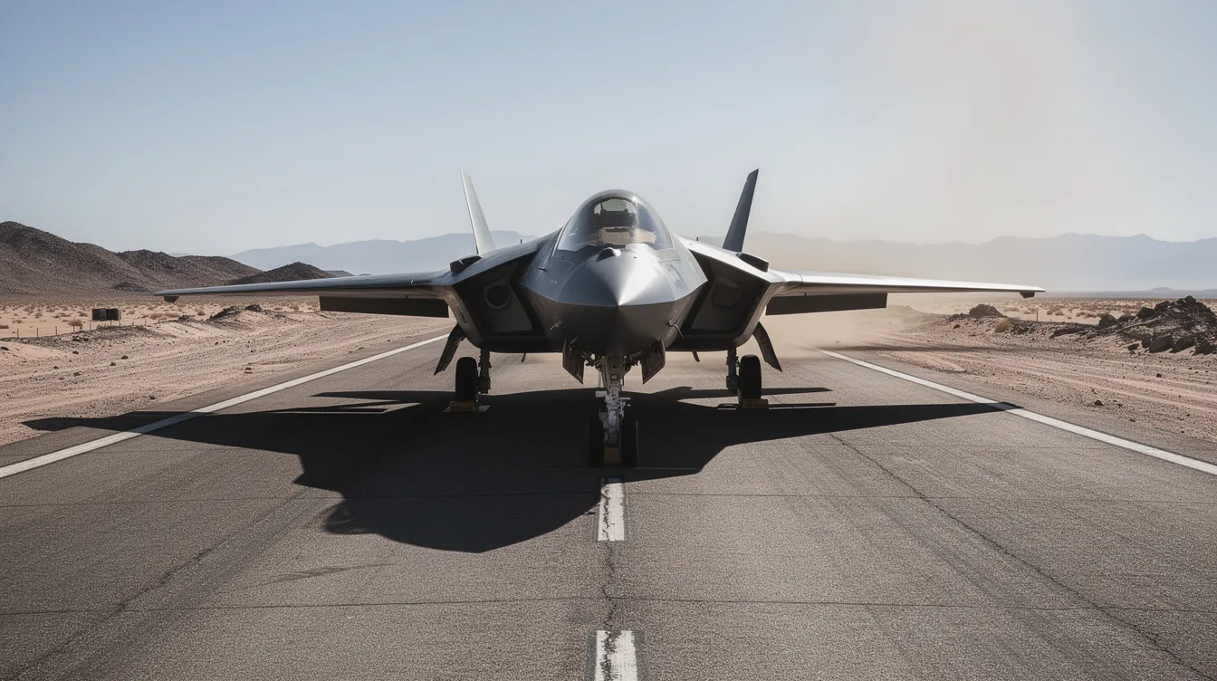 A dark military aircraft, resembling the Lockheed YF-12A, is parked on a sun-baked desert runway, with heat shimmer rising from the tarmac. The scene evokes a sense of high-speed flight and advanced technology, typical of the United States Air Force's research aircraft, known for its maximum speed and altitude capabilities.