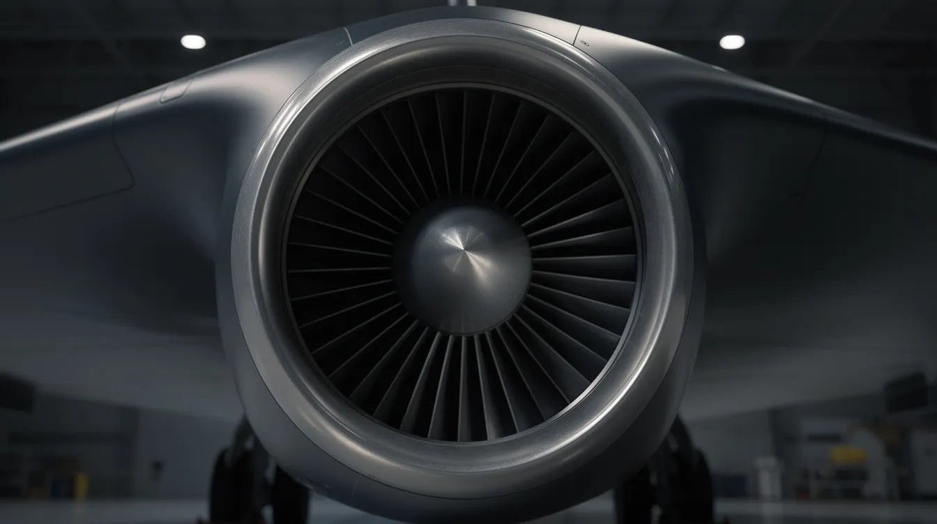 A close-up view of a large circular jet engine intake features a pointed central cone spike, set against the dark body of the Lockheed YF-12A aircraft, known for its high-speed capabilities and role as a high altitude interceptor prototype. This design showcases the advanced supersonic cruise technology that was pivotal during its development for the United States Air Force.