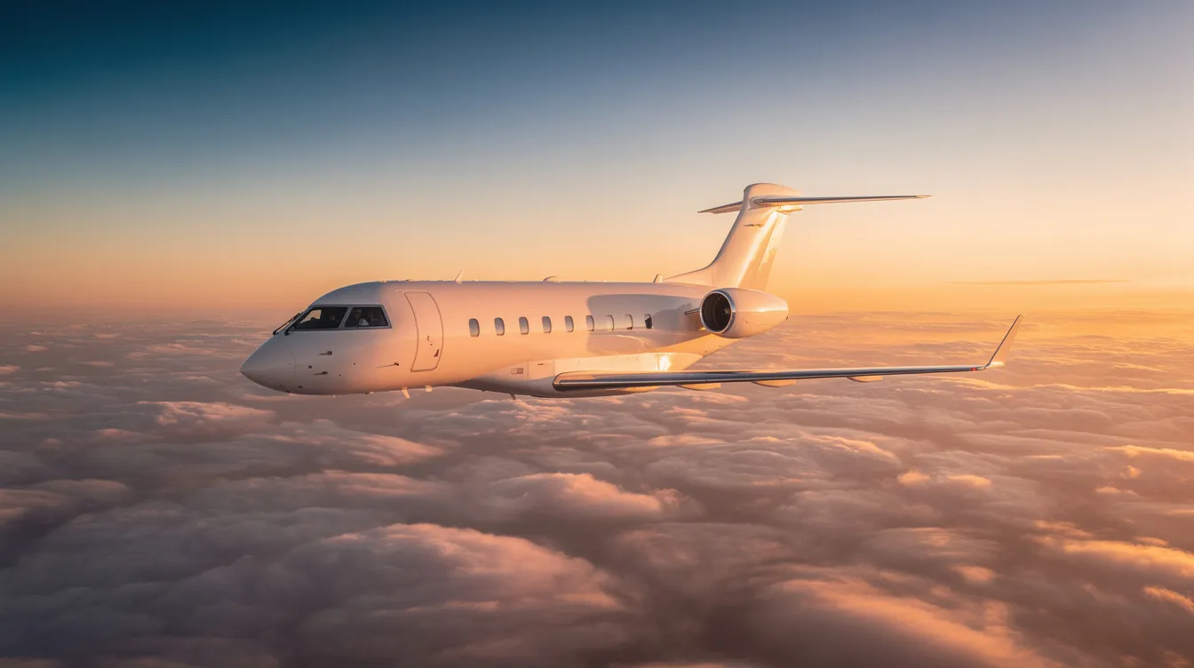 A sleek modern white private jet glides effortlessly through a vibrant sunset, soaring above a thick layer of clouds. The aircraft, reminiscent of advanced military designs like the Lockheed YF-12, showcases its high altitude capabilities and aerodynamic elegance against the colorful sky.