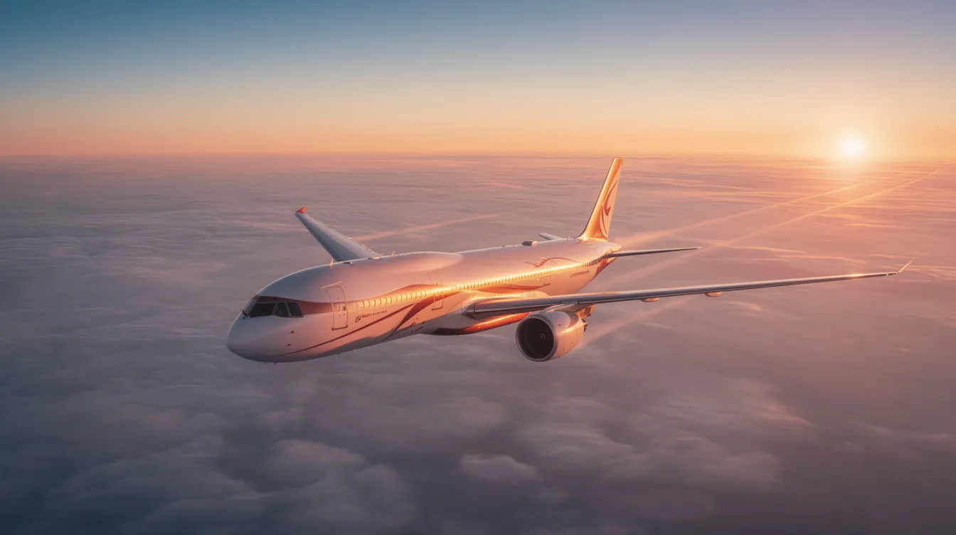 A modern wide-body commercial aircraft is soaring above a smooth layer of clouds, bathed in the warm hues of sunset, representing the pinnacle of commercial aviation. The scene captures the aircraft's impressive cruising altitude, highlighting its sleek design and the vast distances it can cover in high-speed flight.