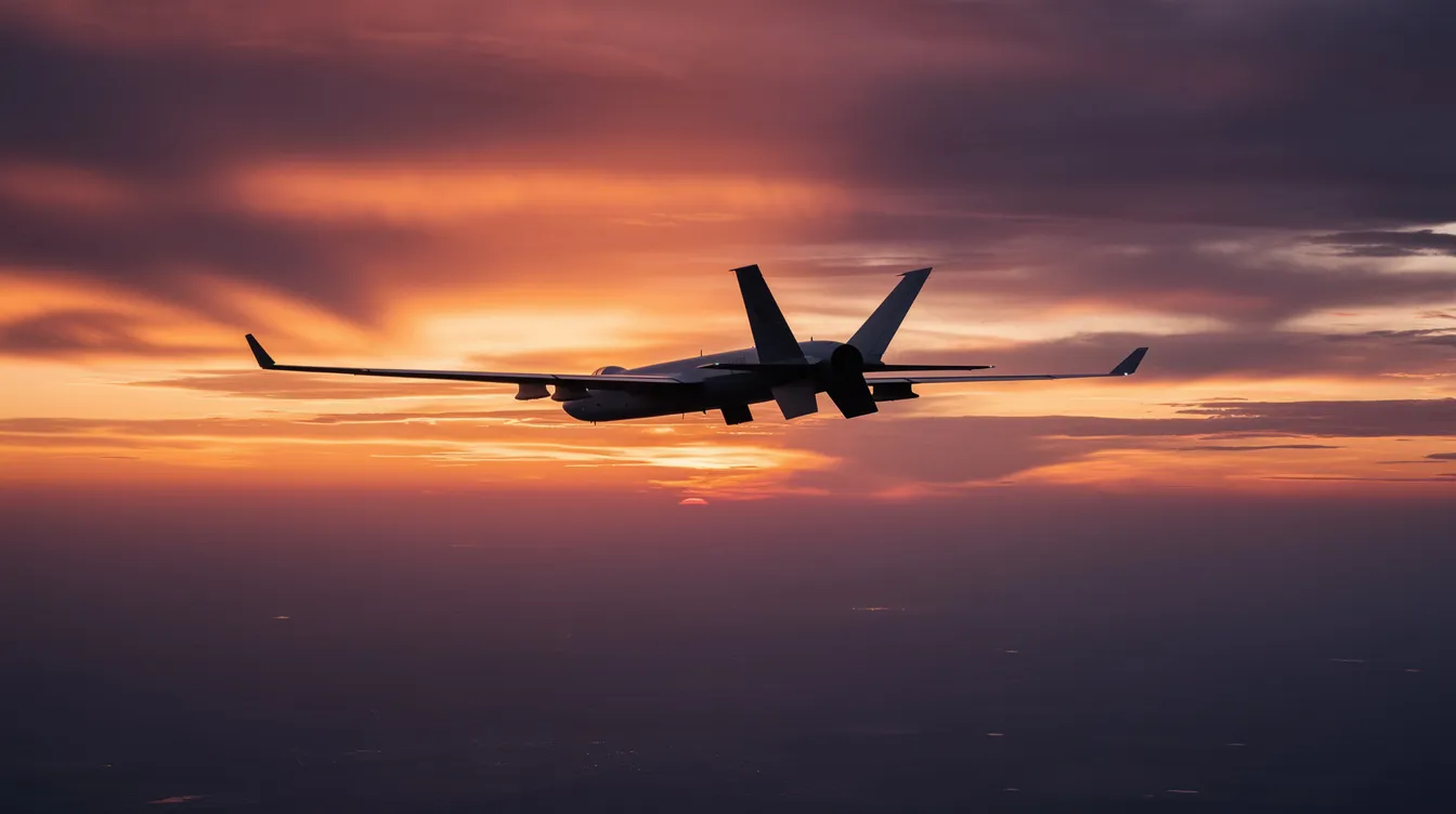 The image features a dark silhouette of a high-altitude reconnaissance aircraft soaring against a stunning orange and purple sunset sky, evoking the essence of supersonic flight and military aviation history. This dramatic scene highlights the aircraft's impressive design, reminiscent of high-performance military aircraft used in air combat and reconnaissance missions.