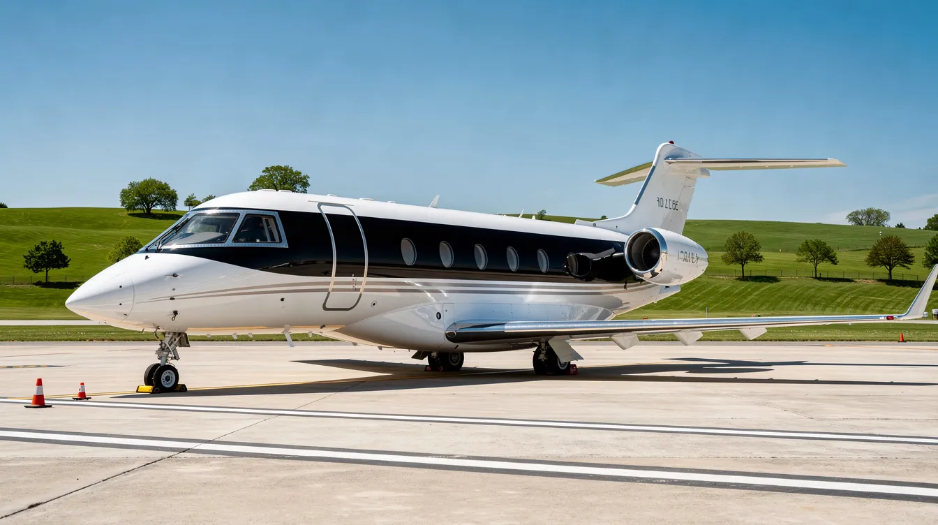 A sleek modern private jet is parked on a tarmac, set against a backdrop of green rolling hills and clear blue skies, symbolizing the luxury and speed of high-performance aviation. This aircraft represents the future of air travel, where supersonic flight may soon redefine how we experience vast distances.