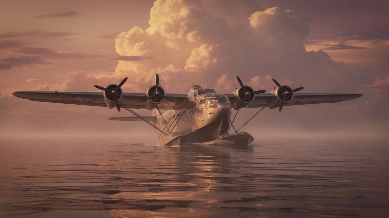 A vintage-style large flying boat aircraft is peacefully resting on open water, silhouetted against a dramatic sunset sky, showcasing its amphibious design. This scene captures the essence of aviation history, highlighting the aircraft's ability to land on both water and traditional runways.