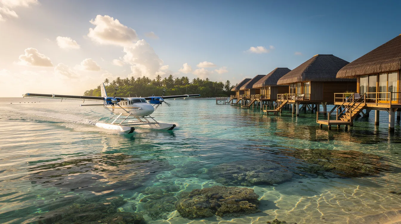 A Twin Otter seaplane on amphibious floats is gracefully landing beside overwater bungalows in a tropical lagoon, surrounded by clear turquoise water, showcasing the versatility of floatplane aircraft in stunning remote locations. The scene captures the essence of water landings, highlighting the beauty of modern seaplanes in a picturesque environment.