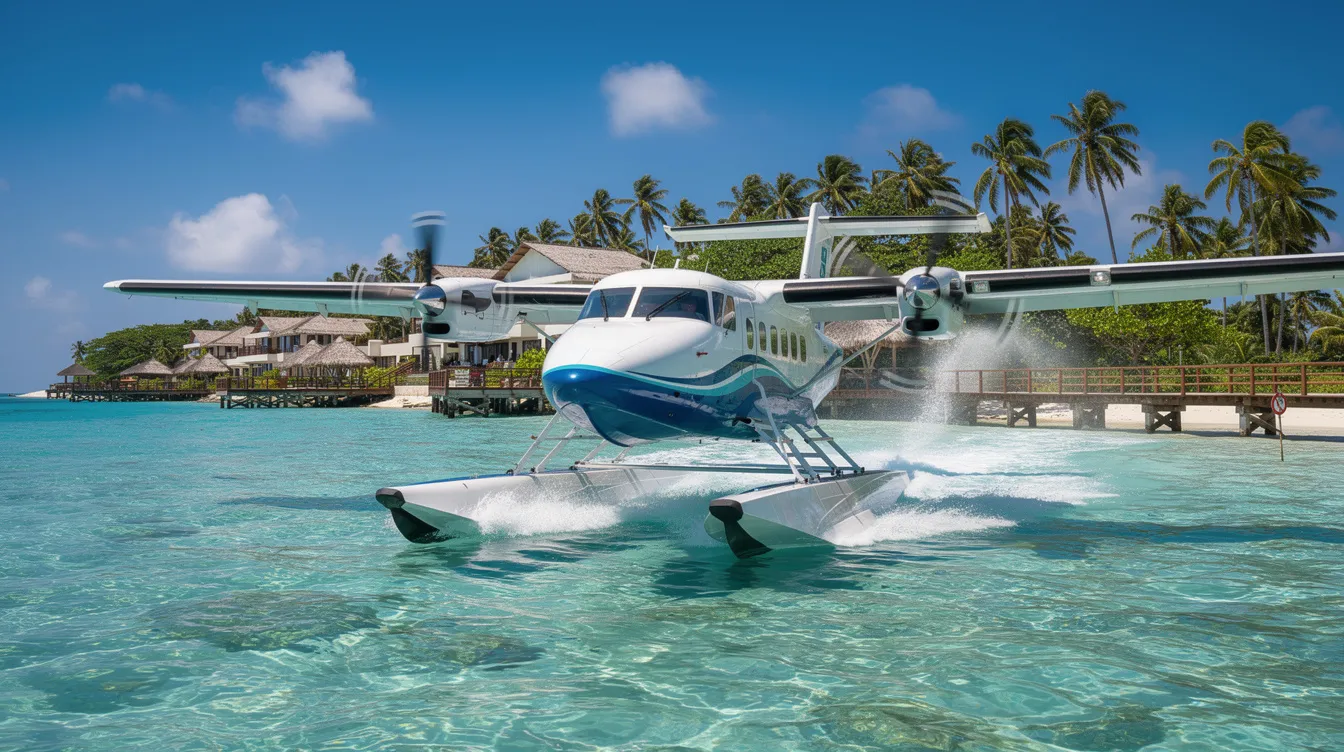 An amphibious turboprop aircraft, resembling a modern floatplane, is taxiing across clear turquoise waters towards a resort dock, with lush palm trees providing a tropical backdrop. The scene captures the essence of water landings and the versatility of amphibious aircraft in beautiful coastal destinations.