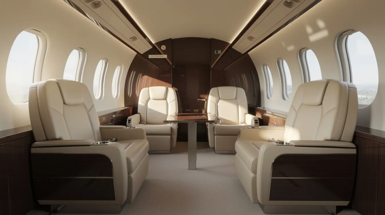 The image depicts the interior of a modern private jet cabin, featuring cream leather seats arranged to face each other, with natural light streaming through oval windows, creating a luxurious and spacious atmosphere for travelers. The design emphasizes cabin comfort, making it ideal for longer flights.