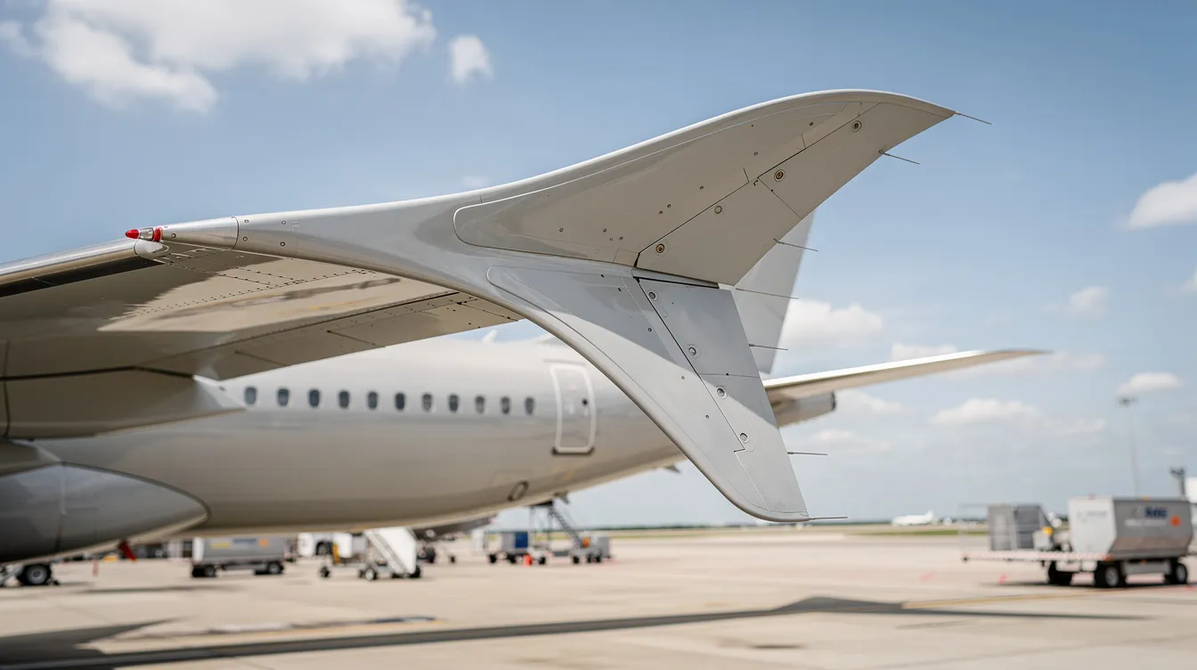 This close-up photograph showcases the split scimitar winglet of a parked Boeing 737-900 aircraft, highlighting the elegant upper curved tip and the distinctive lower ventral strake. The image emphasizes the aircraft's design features, which contribute to improved aerodynamics and fuel efficiency for airlines like Alaska Airlines.