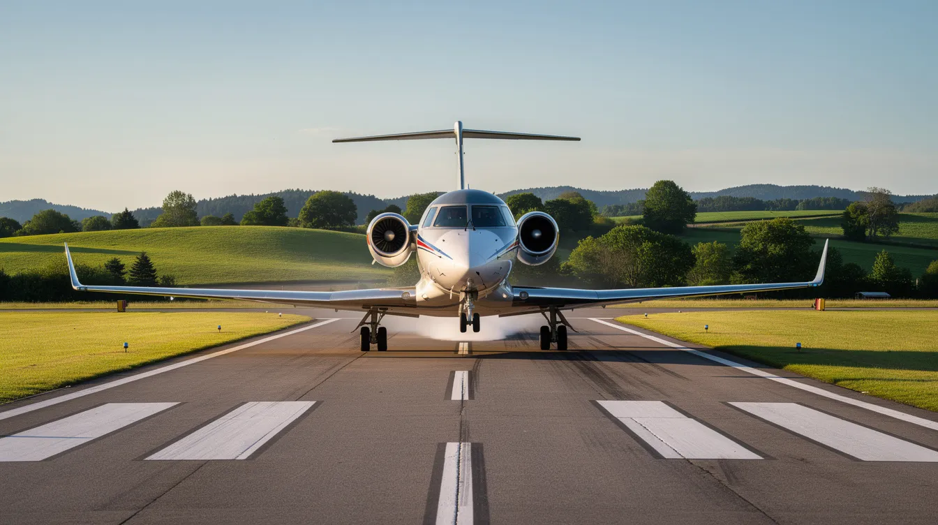 A sleek private aircraft is gracefully touching down on a short executive airport runway, surrounded by lush green landscapes. The scene captures the moment of landing, highlighting the speed and precision required for pilots to maintain control in this serene setting.